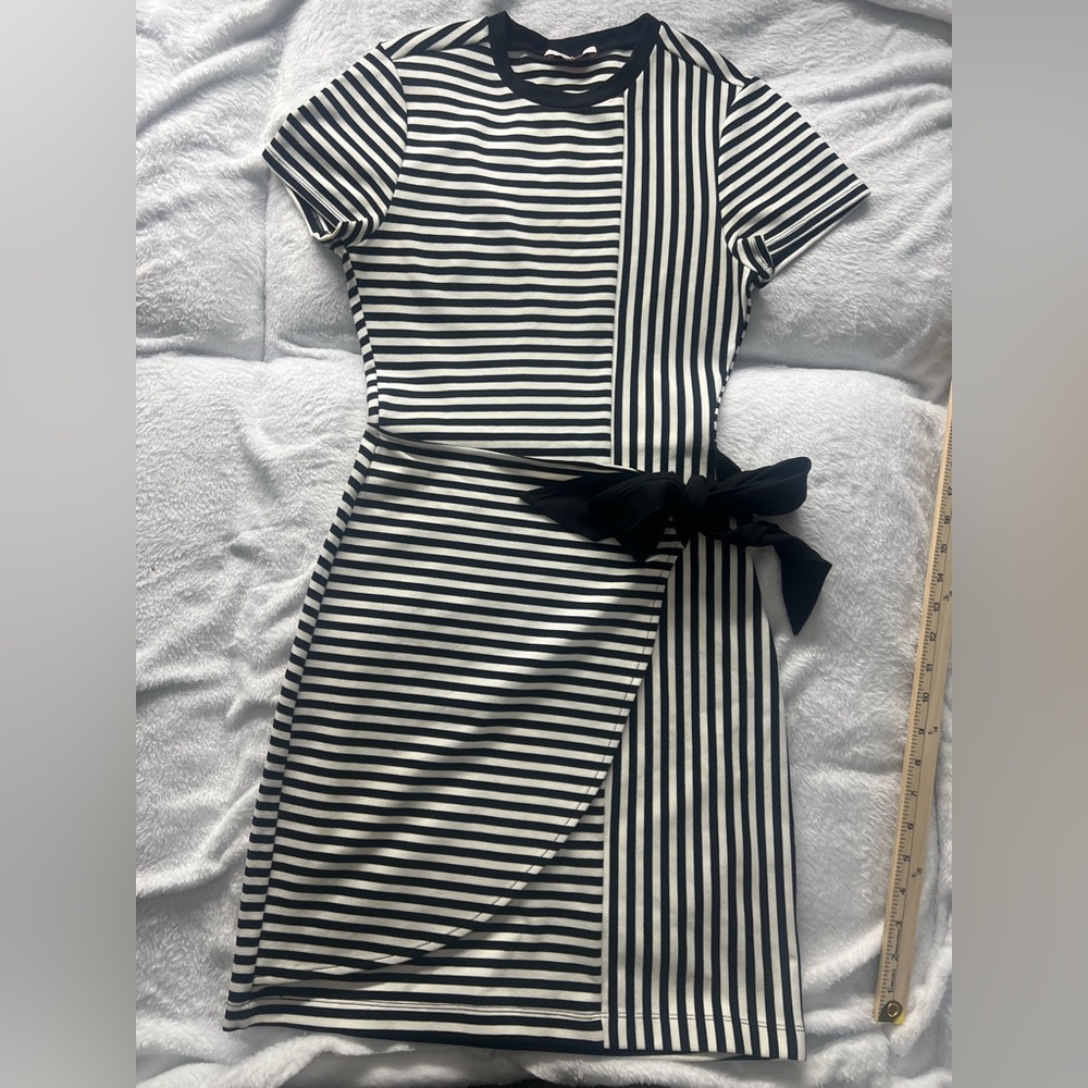Parker Black and White Striped Midi Wrap Dress with Waist Tie